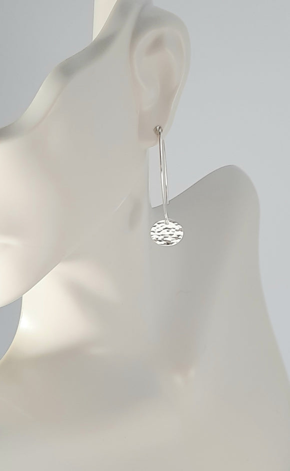 Earrings - Sterling Silver Circle Disks with Hammered Texture on Marquise Wire. Multiple Sizes