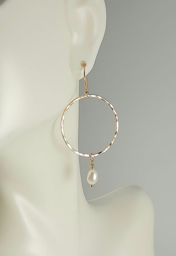 Earrings - Single Pearl on 14k gf Open Circle. Multiple Sizes